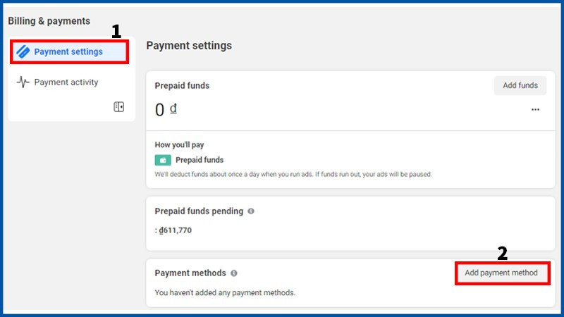 (1) Payment settings, (2) Add payment method