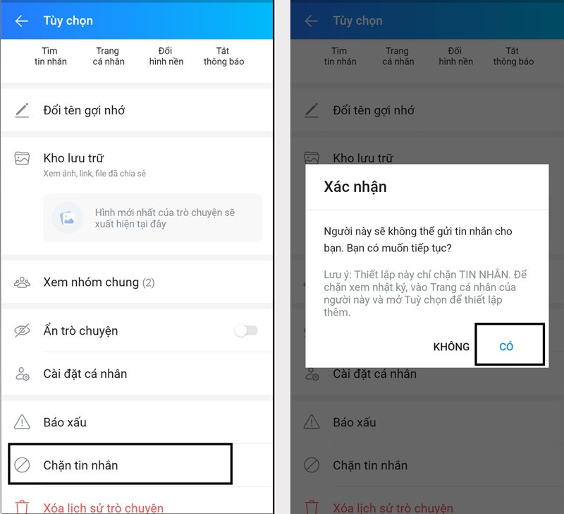 alt: Chọn chặn tin nhắn và xác nhận