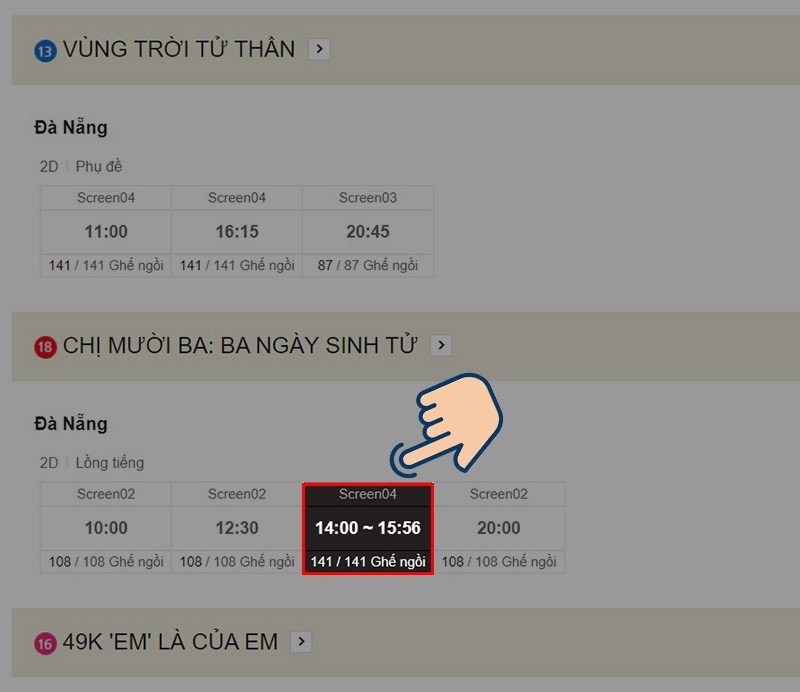 Alt: Chọn phim và suất chiếu trên website Lotte Cinema