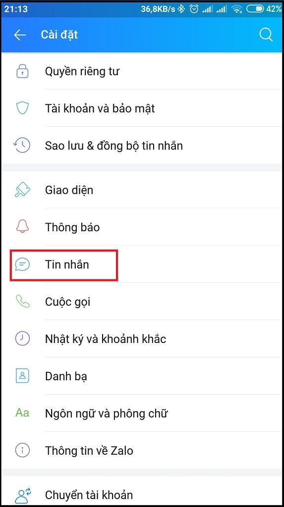 alt: Chọn tin nhắn trong cài đặt