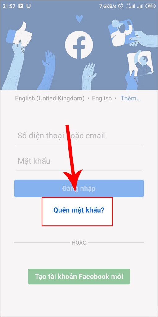 alt: Giao diện chọn Quên mật khẩu trên ứng dụng Facebook