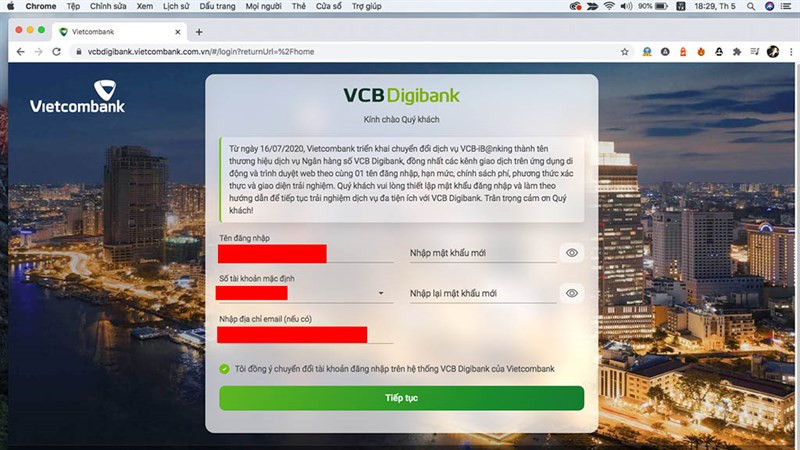 alt: Giao diện đăng ký VCB Digibank trên máy tính