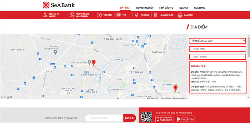 alt: Giao diện tra cứu địa điểm ATM/chi nhánh SeABank trên website.