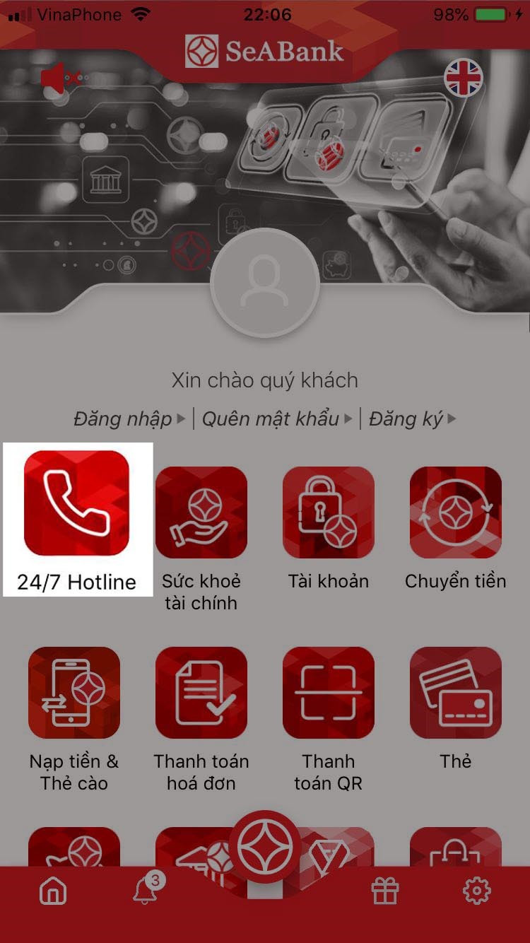 alt: Giao diện ứng dụng SeAMobile với tính năng gọi hotline.