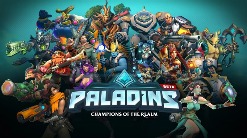 alt: Hình ảnh gameplay Paladins với các nhân vật tướng có tạo hình và kỹ năng đa dạng