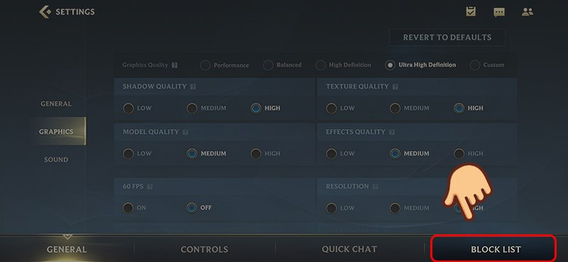 Alt text: Chọn Block List trong cài đặt Tốc Chiến