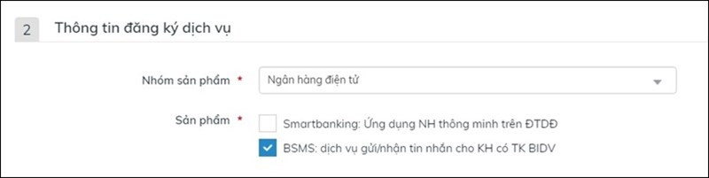 Alt text: Chọn dịch vụ SMS Banking BIDV khi đăng ký Online