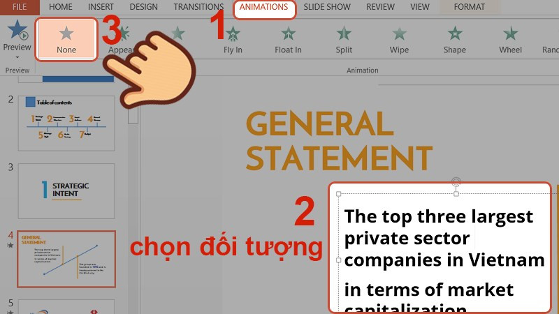 alt text: Chọn đối tượng và nhấn "None" để xóa hiệu ứng động.