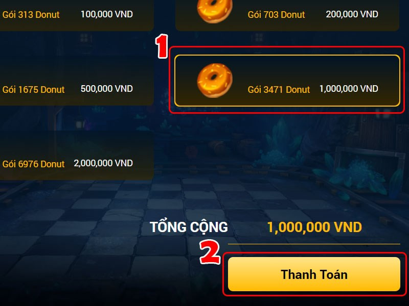 alt text: Chọn gói nạp Donut trong Auto Chess VNG