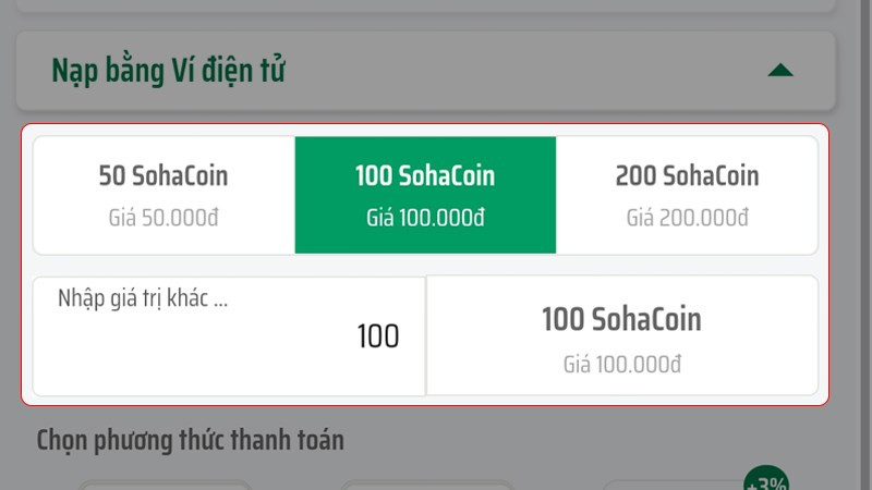 alt text: Chọn gói nạp qua ví điện tử