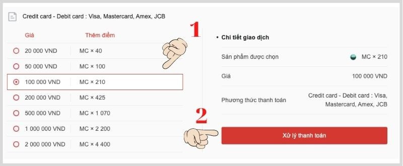 alt text: Chọn mệnh giá Visa/Mastercard