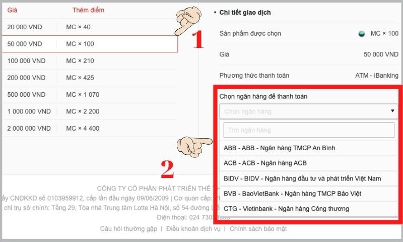 alt text: Chọn ngân hàng và mệnh giá