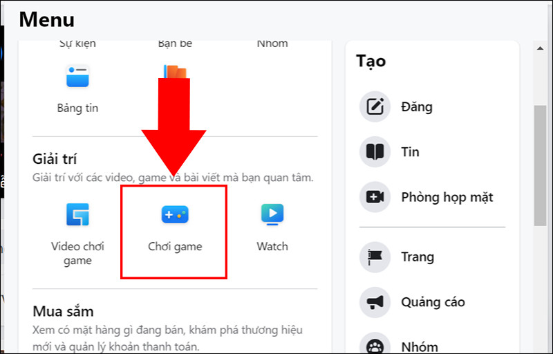 alt text: Click vào mục Chơi game