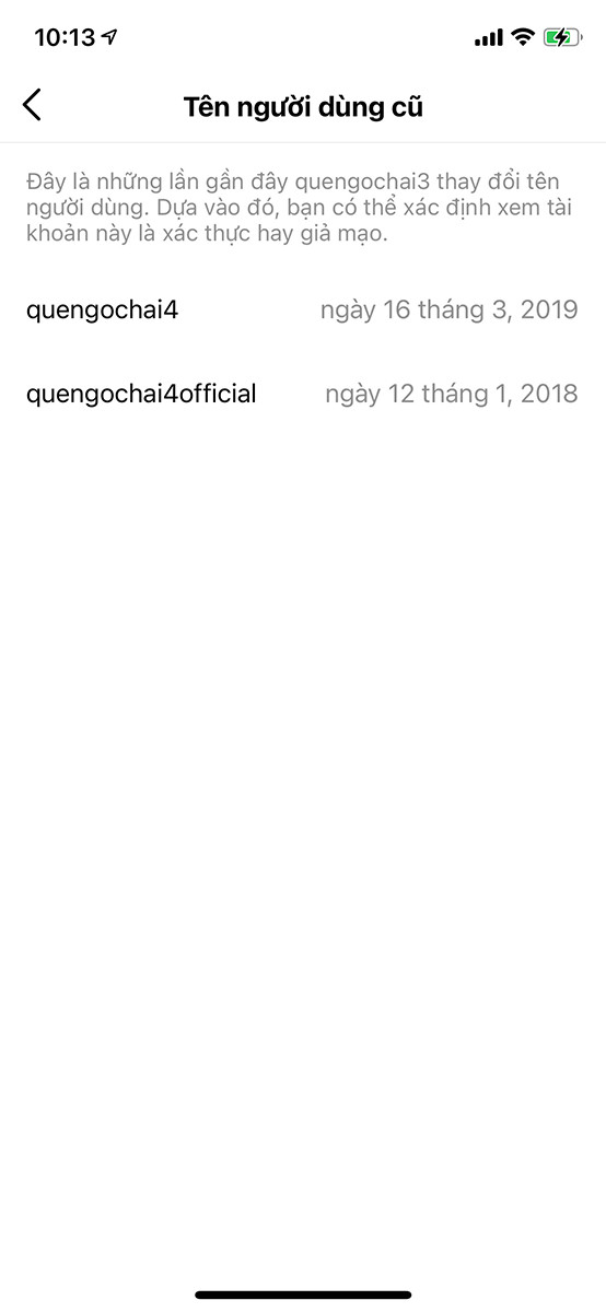 alt text: Danh sách lịch sử đổi tên người dùng trên Instagram