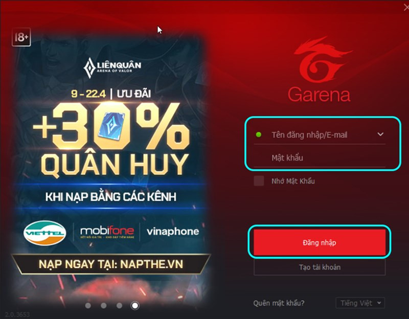 alt text: Giao diện đăng nhập Garena