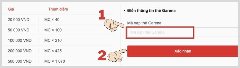 alt text: Giao diện nhập mã thẻ Garena
