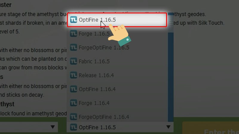 alt text: Hình ảnh minh họa giao diện lựa chọn phiên bản OptiFine trong Minecraft Launcher