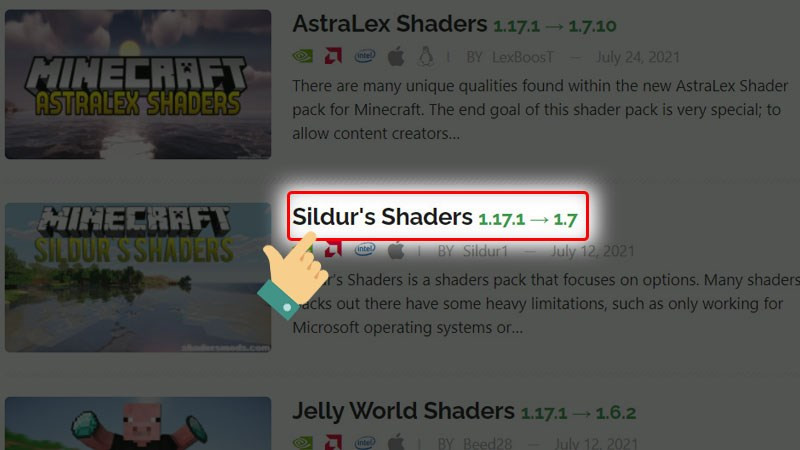 alt text: Hình ảnh minh họa lựa chọn Shader trên shadersmods.com