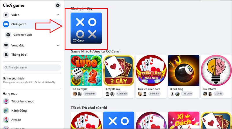 alt text: Lựa chọn game trên Facebook