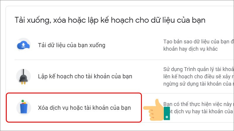 alt text: Lựa chọn xóa dịch vụ hoặc tài khoản