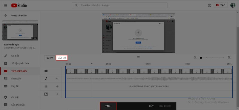 Alt text: Minh họa thao tác cắt video trong YouTube Studio bằng cách kéo thả và tách đoạn.