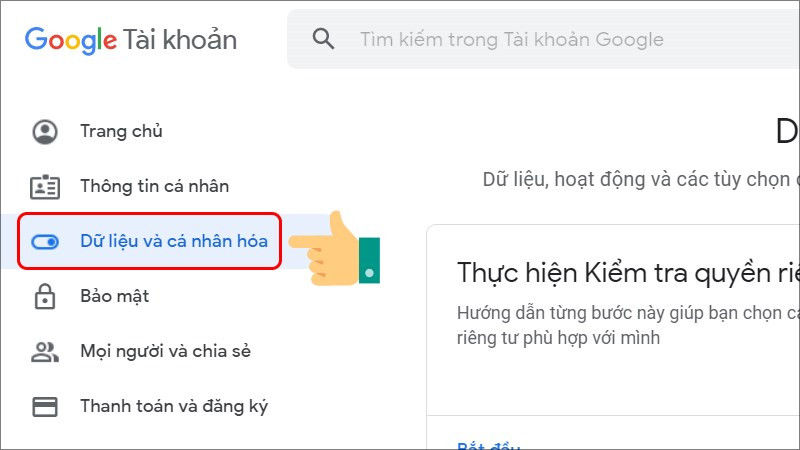 alt text: Mục Dữ liệu và Cá nhân hóa trong tài khoản Google