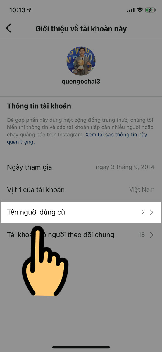 alt text: Mục "Tên người dùng cũ" trong phần Giới thiệu về tài khoản