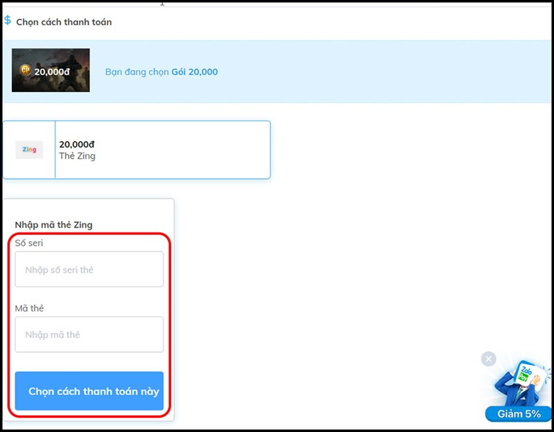 alt text: Nạp CP bằng thẻ Zing