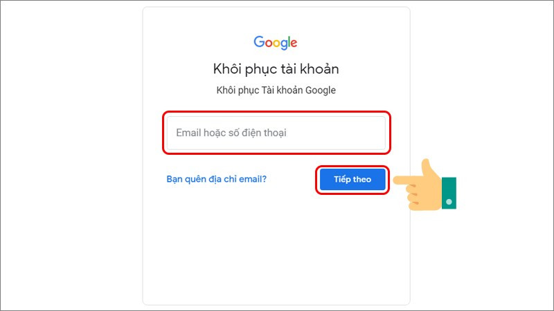 alt text: Nhập địa chỉ email cần khôi phục