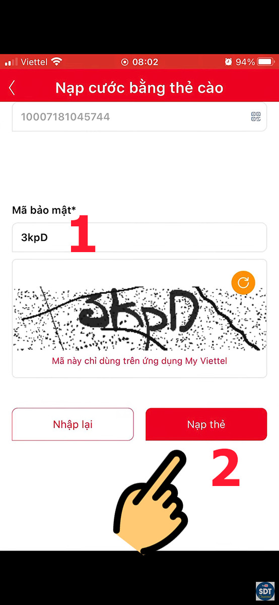 alt text: Nhập mã bảo mật và nạp thẻ trên My Viettel