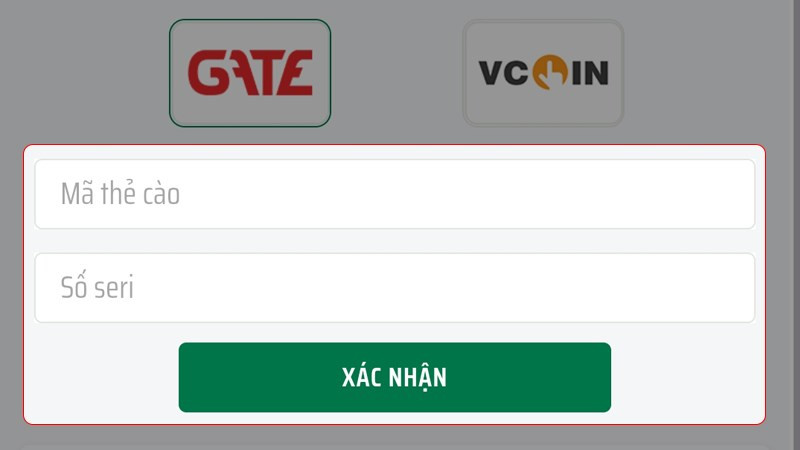 alt text: Nhập mã thẻ Gate/VCoin