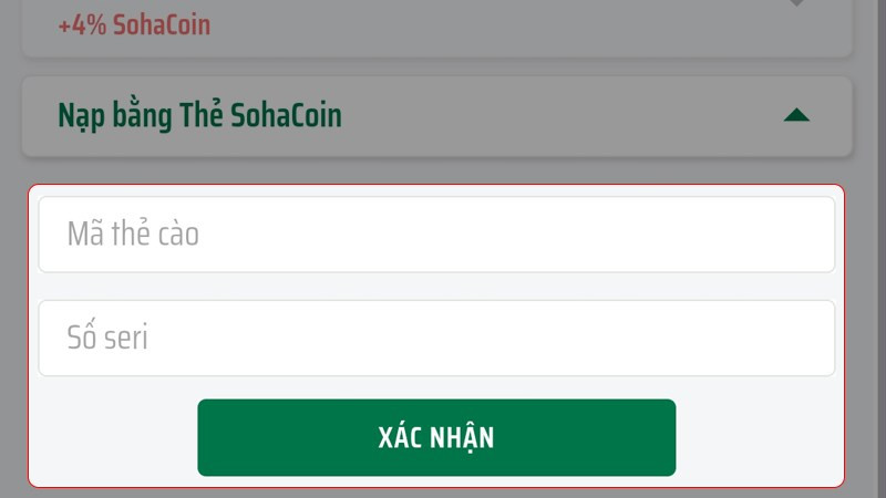 alt text: Nhập mã thẻ SohaCoin