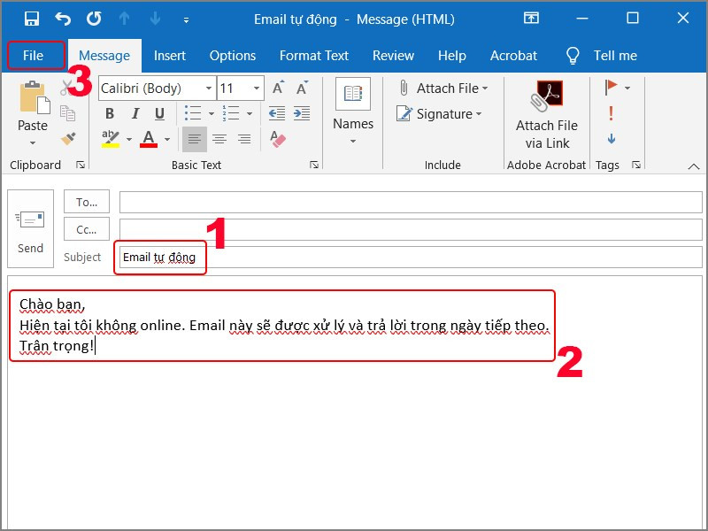 alt text: Nhập nội dung email trả lời tự động