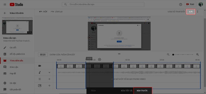Alt text: Nút Xem trước và Lưu trong trình chỉnh sửa video YouTube Studio.