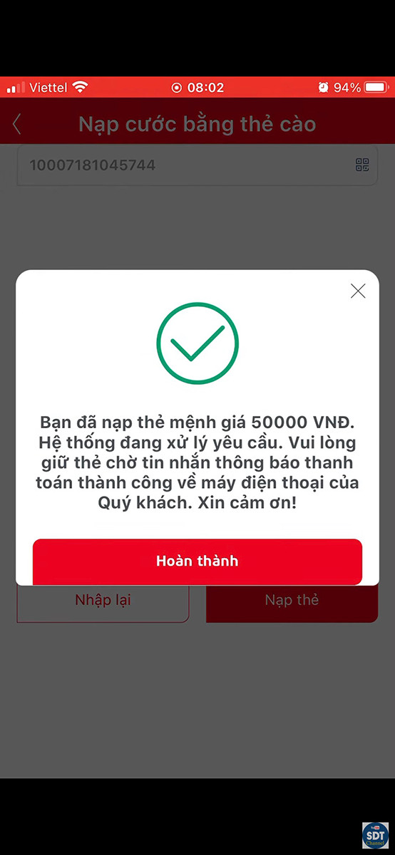 alt text: Thông báo nạp thẻ thành công trên My Viettel