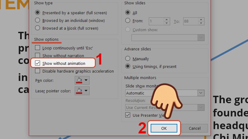 alt text: Tích chọn "Show without animations" để tắt hiệu ứng khi trình chiếu.