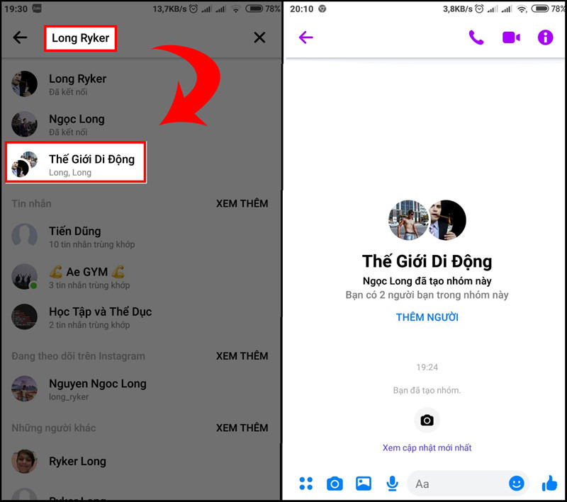 alt text: Tìm kiếm nhóm chat theo tên thành viên