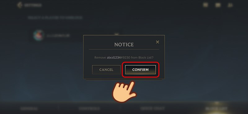 Alt text: Xác nhận bỏ chặn người chơi trong Tốc Chiến