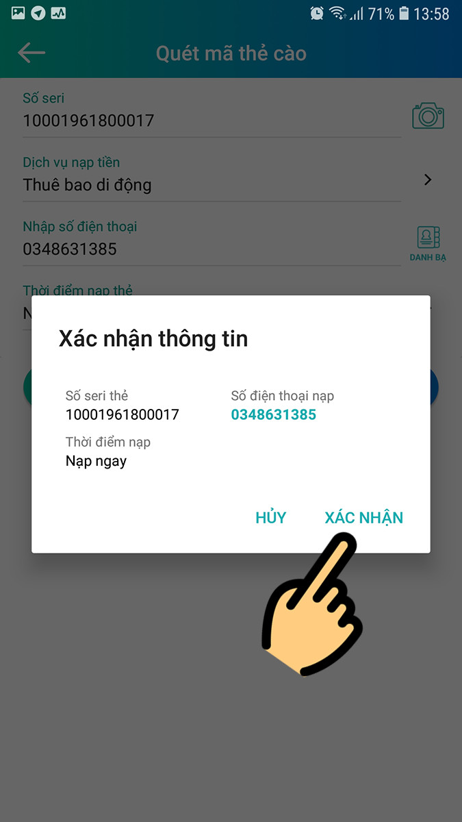 alt text: Xác nhận giao dịch nạp tiền trên ViettelPay