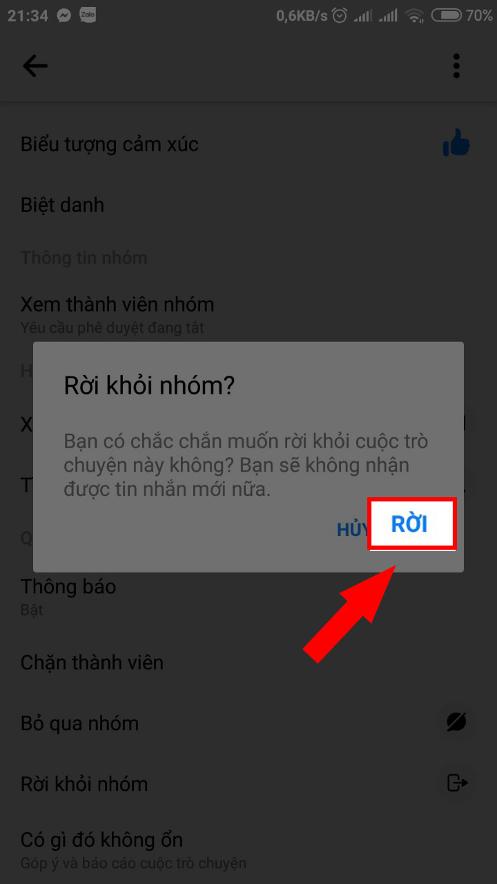 alt text: Xác nhận rời khỏi nhóm