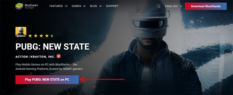 alt: Trang web BlueStacks với nút "Play PUBG: New State on PC"