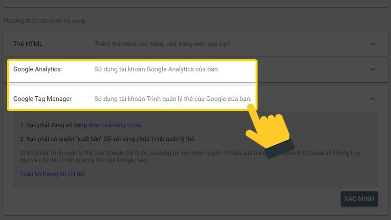 Alt: Xác minh Google Search Console bằng Google Analytics hoặc Google Tag Manager