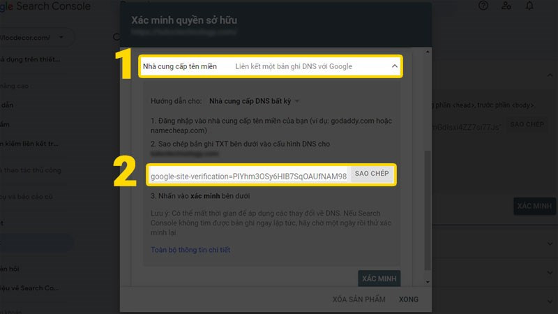 Alt: Xác minh Google Search Console bằng nhà cung cấp tên miền