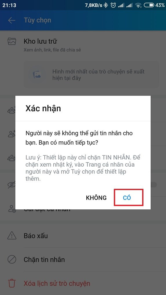 alt: Xác nhận chặn tin nhắn Zalo