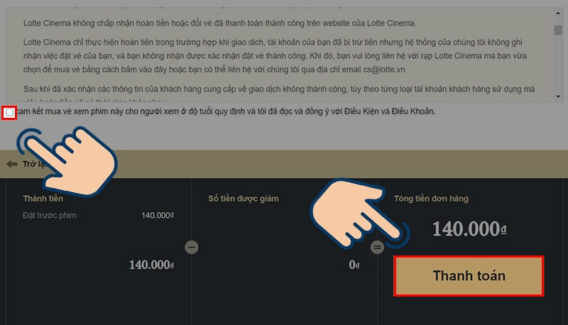 Alt: Xác nhận điều khoản và thanh toán trên website Lotte Cinema