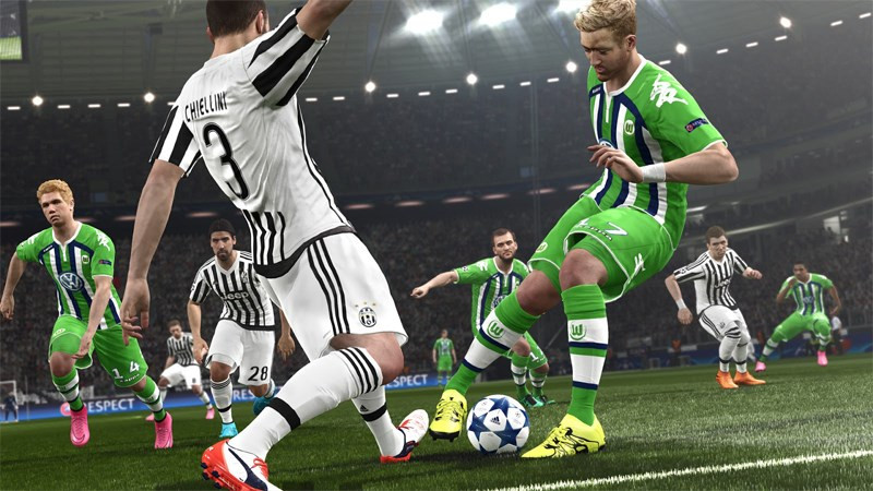 alt=Hình ảnh gameplay PES 2016, với đồ họa sống động và chân thực.