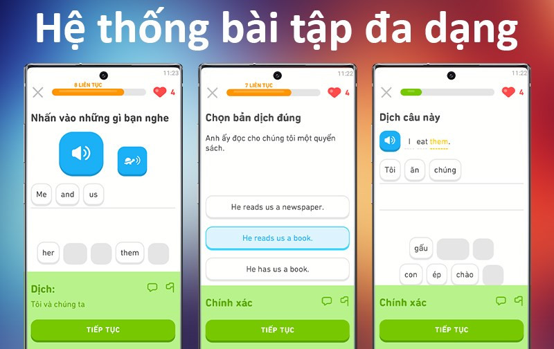 Bài tập đa dạng trên Duolingo