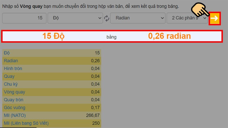 Bấm nút mũi tên và kết quả sẽ hiển thị ngay bên dưới