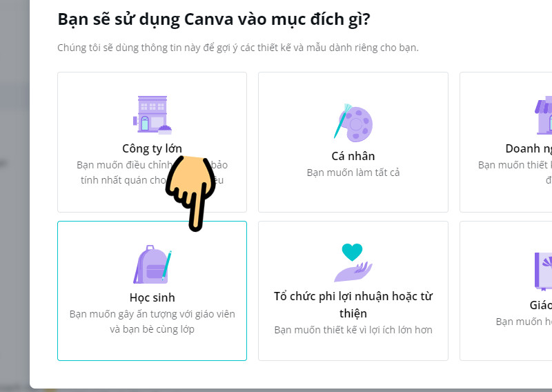 Bạn chọn mục đích sử dụng Canva