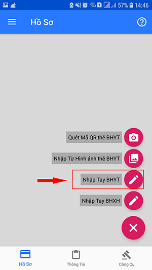 bạn chọn mục nhập tay BHYT